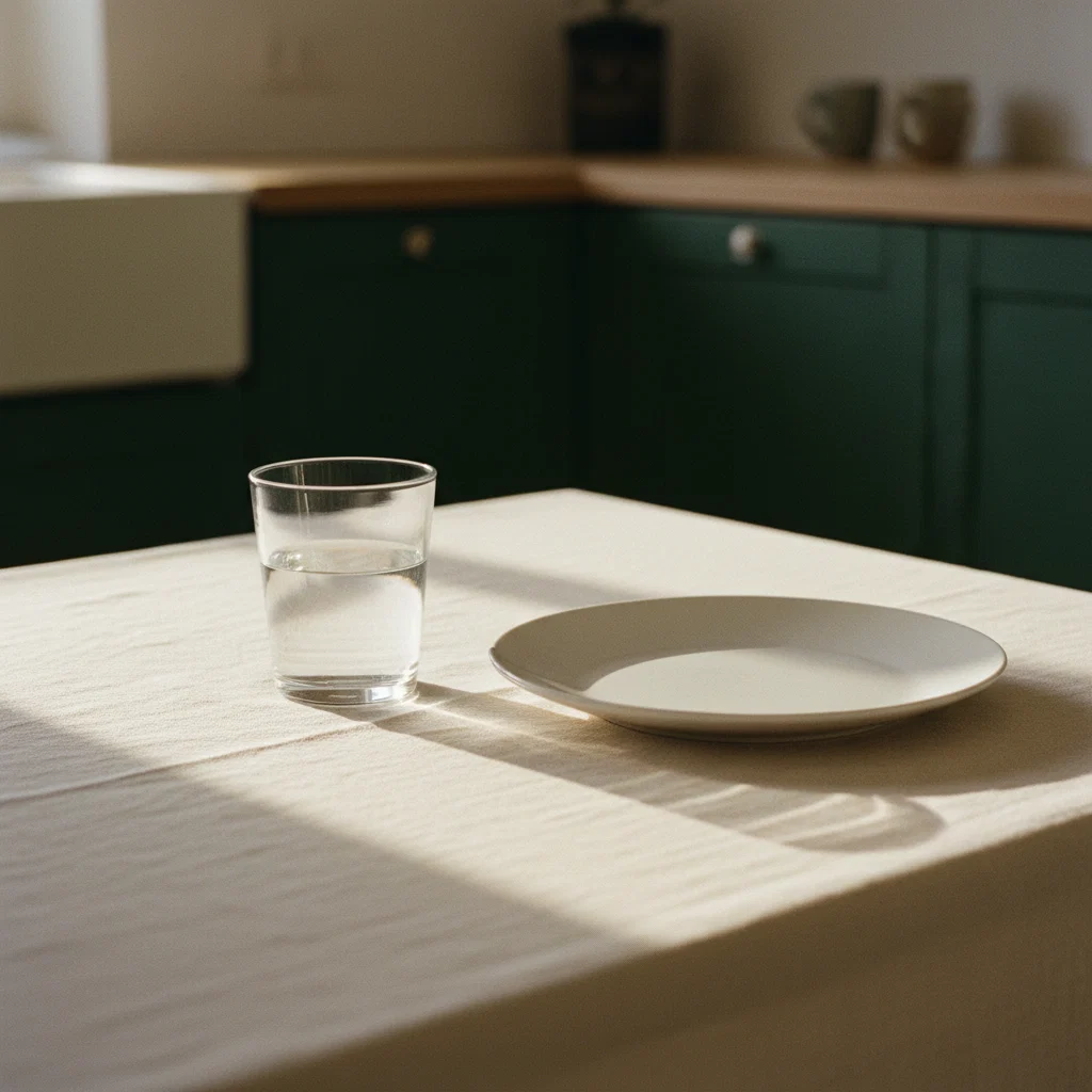 Een glas water en een ontbijtbord op een lichte keukentafel in de ochtend