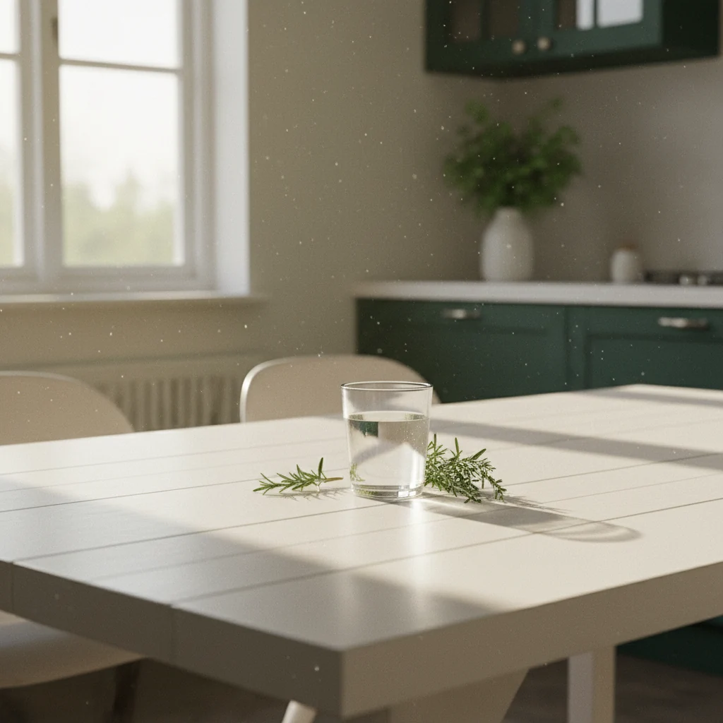 Zonlicht dat door een raam valt op een keukentafel met een glas water en verse kruiden
